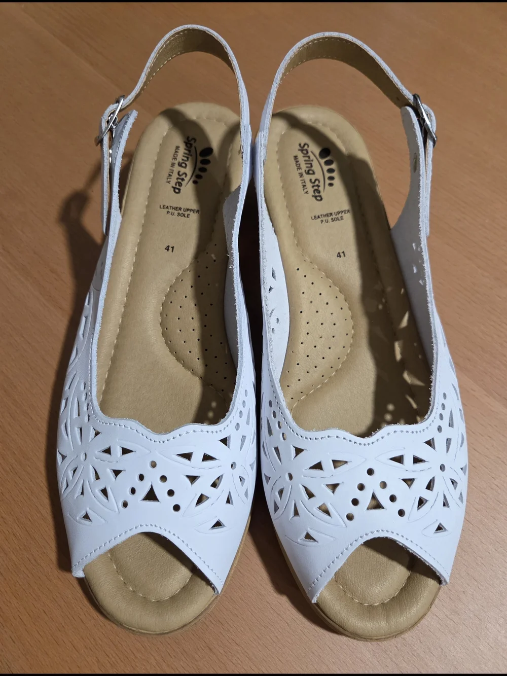 Spring Step White Laser-Cut Slingback Wedge Sandals